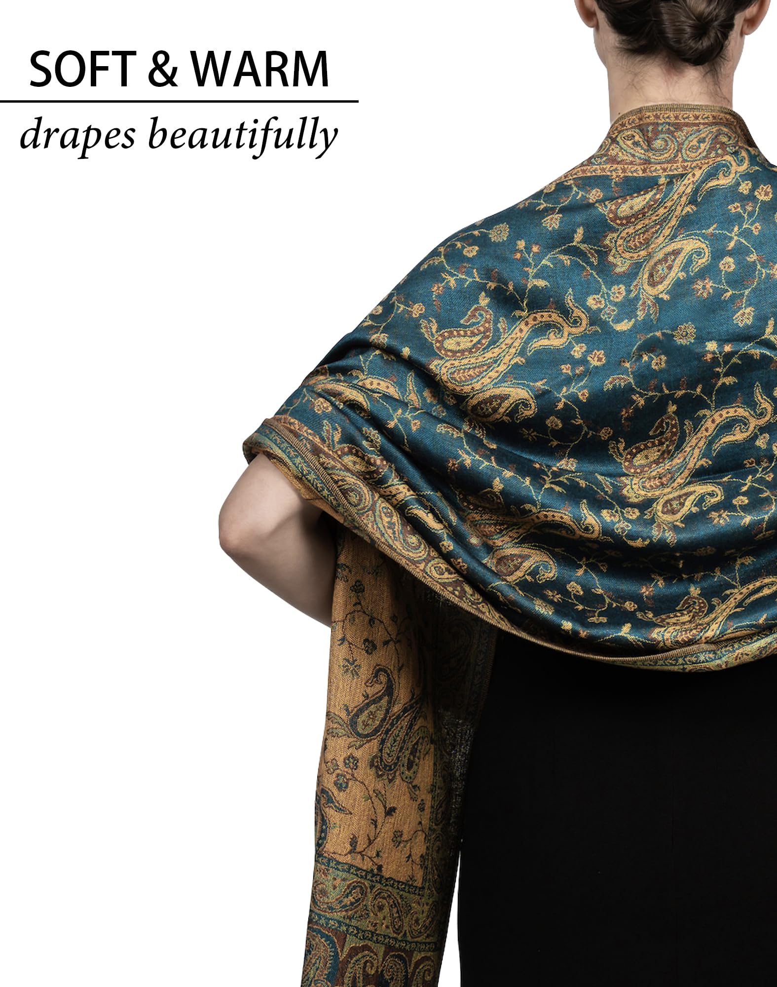 Achillea Soft Silky Reversible Paisley Pashmina Shawl Wrap Scarf w/Fringes (Dark Seagreen)