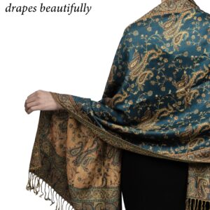 Achillea Soft Silky Reversible Paisley Pashmina Shawl Wrap Scarf w/Fringes (Dark Seagreen)