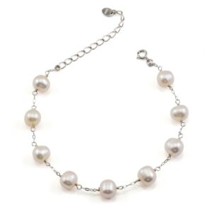 JFUME Pearl Bracelets for Women 925 Sterling Silver Rhodium Plated 8-9mm White Cultured Freshwater Pearl Bracelet 7.5inches Adjustable