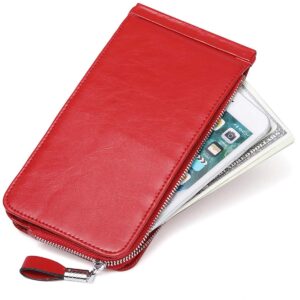 Huztencor Women's Credit Card Holder RFID Blocking Oil Wax Leather Multi Card Organizer Wallet Slim Long Zipper Bi-fold Business Card Case Clutch Wallet with ID Window Red (FBA)