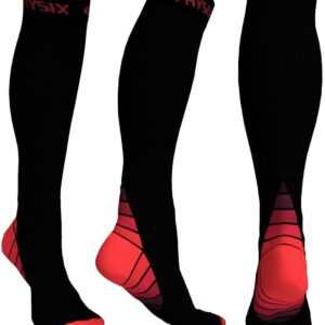 Physix Gear Compression Socks 20-30 mmHg - Men & Women - Running, Nurses, Shin Splints, Flight, Travel (BLACK / RED-S/M)