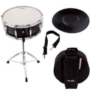 mendini student snare drum set with gig bag, sticks, stand and practice pad kit, black, msn-1455p-bk