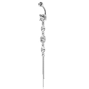 pierced owl 14ga 316l stainless steel cz centered crystal drop chain dangling belly button ring (clear)