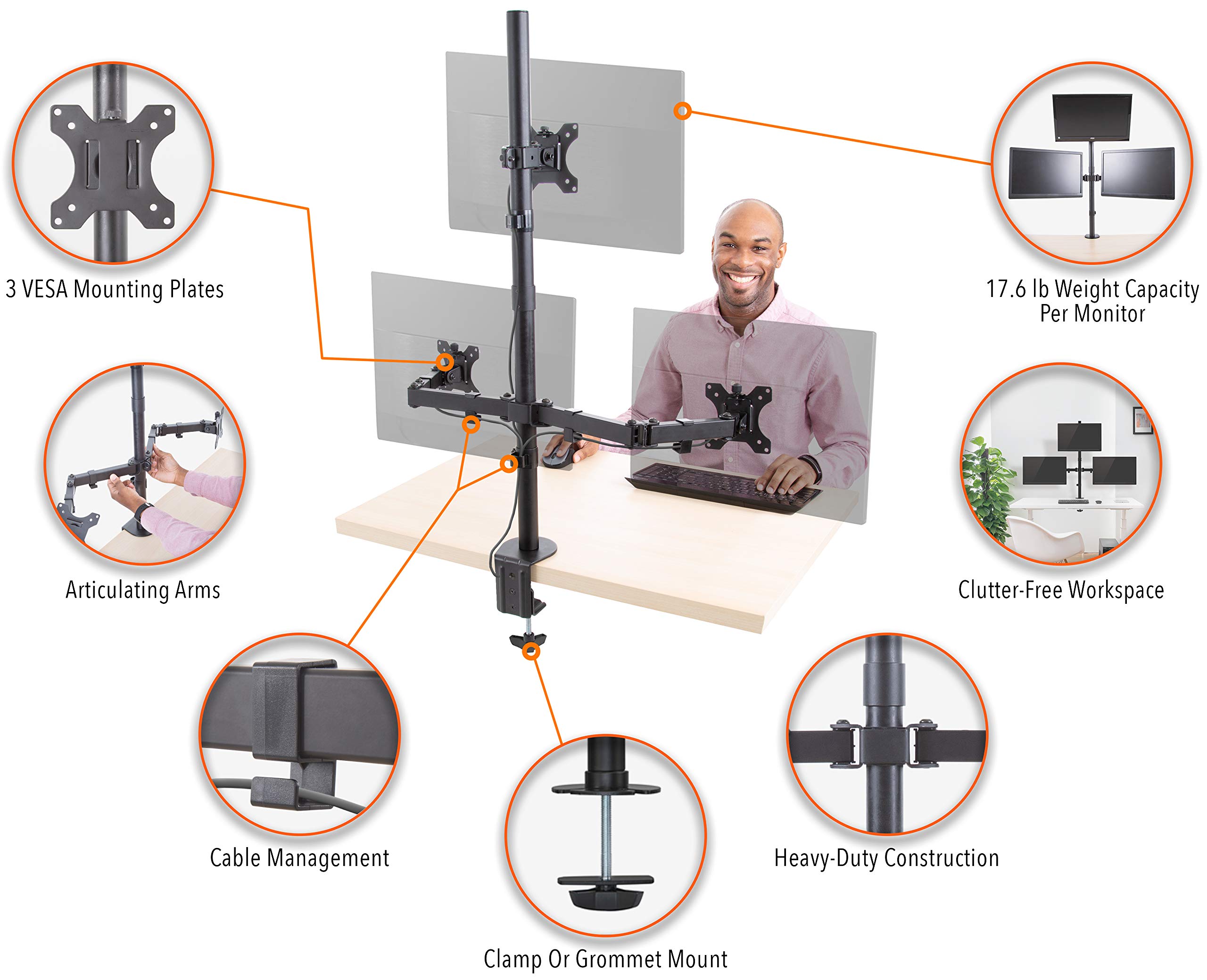 Stand Steady Triple Monitor Desk Stand with Clamp-On Base, for Home or Office Use, Height Adjustable Computer Monitor Stand with Full Articulation VESA Mounts, Fits Most LCD/LED Monitors 13-32 Inches