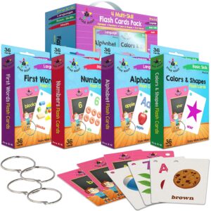 star right words toddler flash cards set of 4 - number flash cards, first words, colors and shapes, & alphabet/letter flashcards - 4 binder rings - 144 sight words kindergarten flash cards 3-7 years