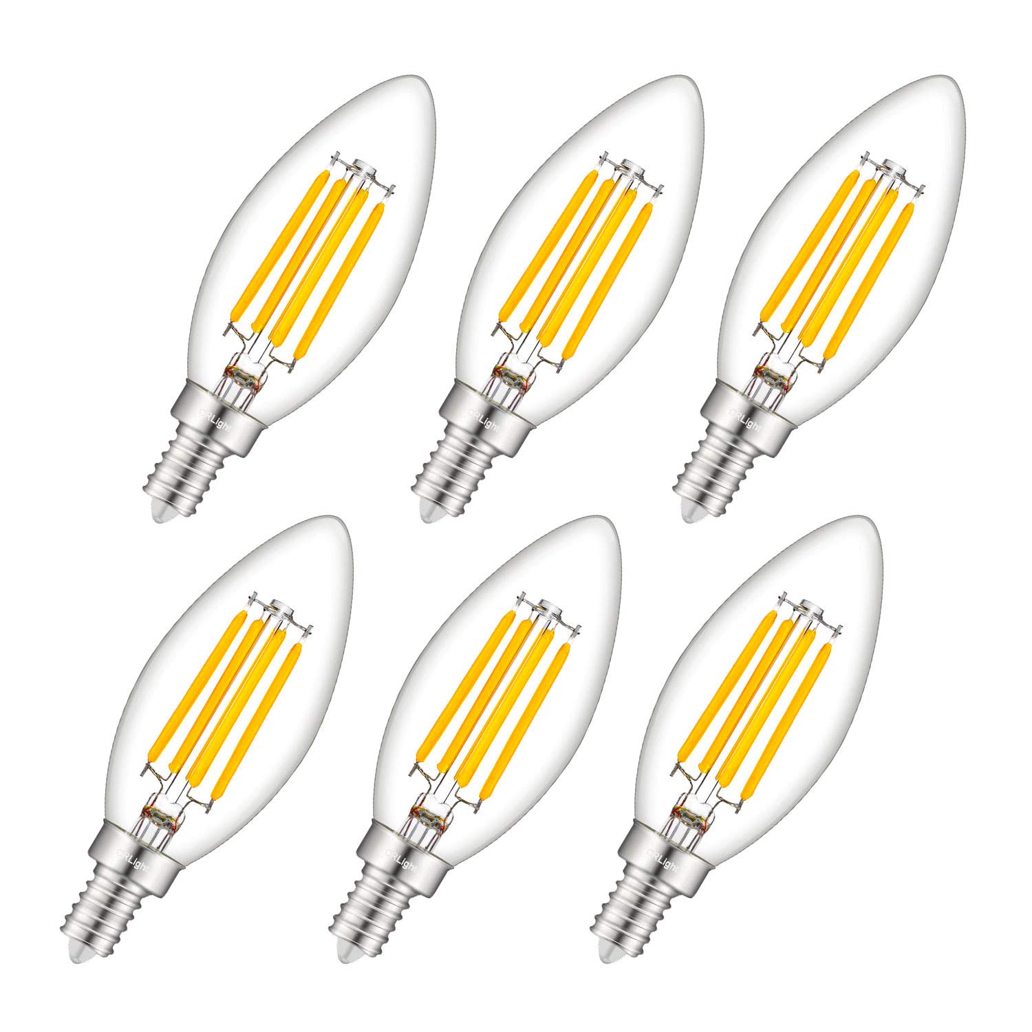 CRLight 3000K Dimmable LED Candelabra Bulb 4W Soft White, 40W Equivalent 400LM E12 LED Chandelier Bulbs, B11 Clear Glass Candle Torpedo Shape, 6 Pack