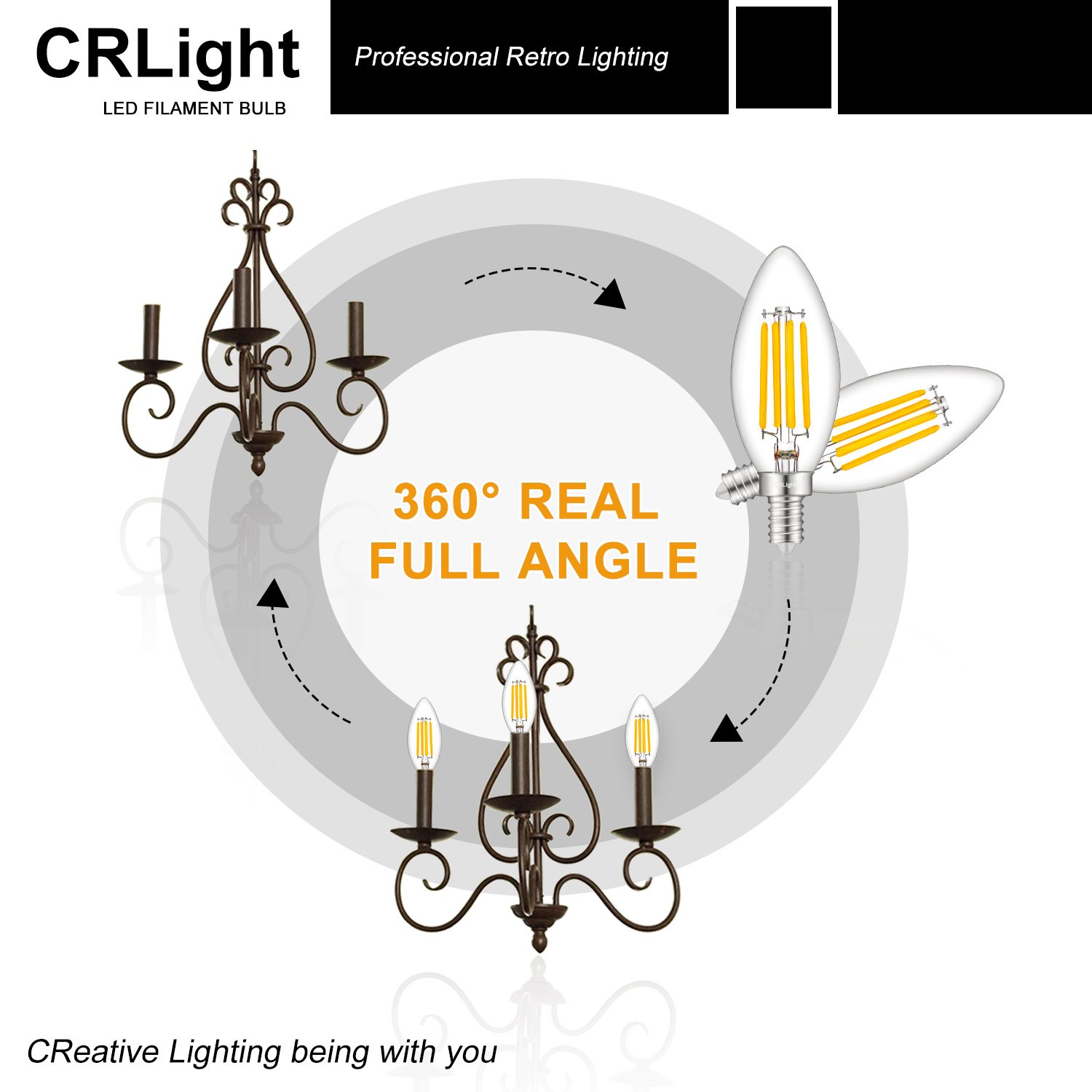 CRLight 3000K Dimmable LED Candelabra Bulb 4W Soft White, 40W Equivalent 400LM E12 LED Chandelier Bulbs, B11 Clear Glass Candle Torpedo Shape, 6 Pack