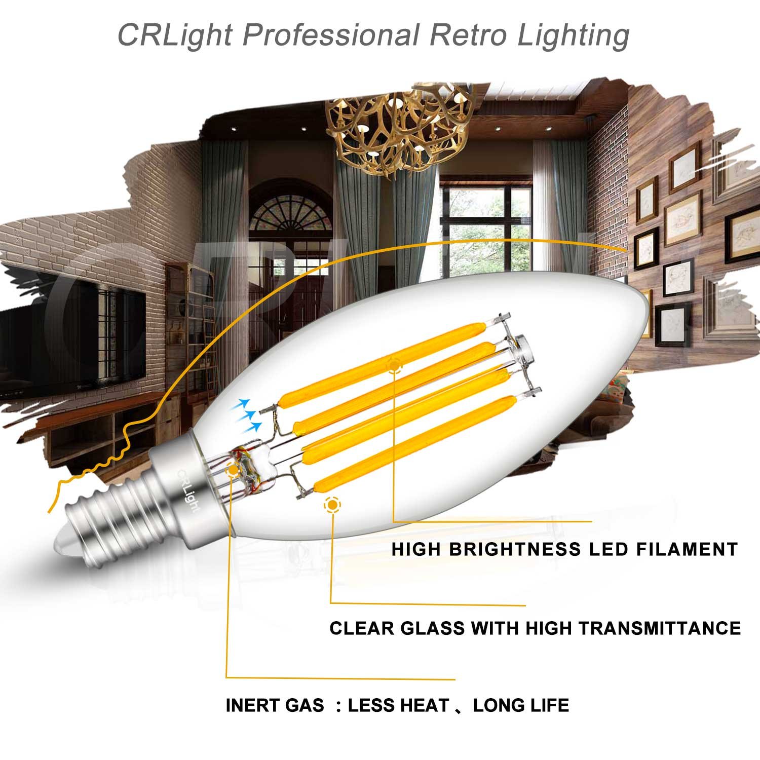 CRLight 3000K Dimmable LED Candelabra Bulb 4W Soft White, 40W Equivalent 400LM E12 LED Chandelier Bulbs, B11 Clear Glass Candle Torpedo Shape, 6 Pack