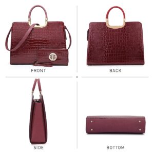 Womens Handbag Top Handle Shoulder Bag Tote Satchel Purse Work Bag with Matching Wallet (2-Croco Wine)