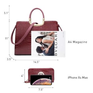 Womens Handbag Top Handle Shoulder Bag Tote Satchel Purse Work Bag with Matching Wallet (2-Croco Wine)