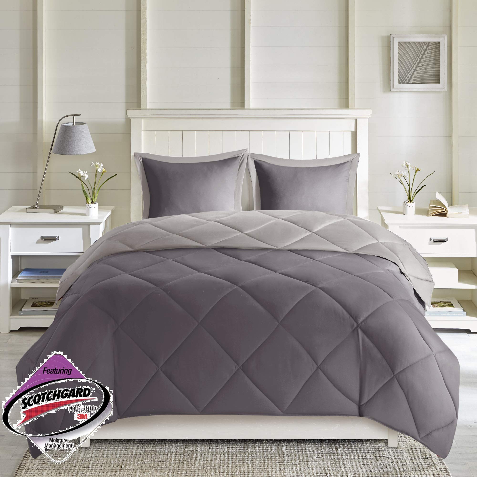 Madison Park Larkspur All Season Reversible Two Sides Down Alternative Set 3M Stain Release Comforters, King, Charcoal/Grey