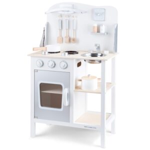 new classic toys white wooden pretend play toy kitchen for kids with role play bon appetit included accesoires, white/silver (11053)