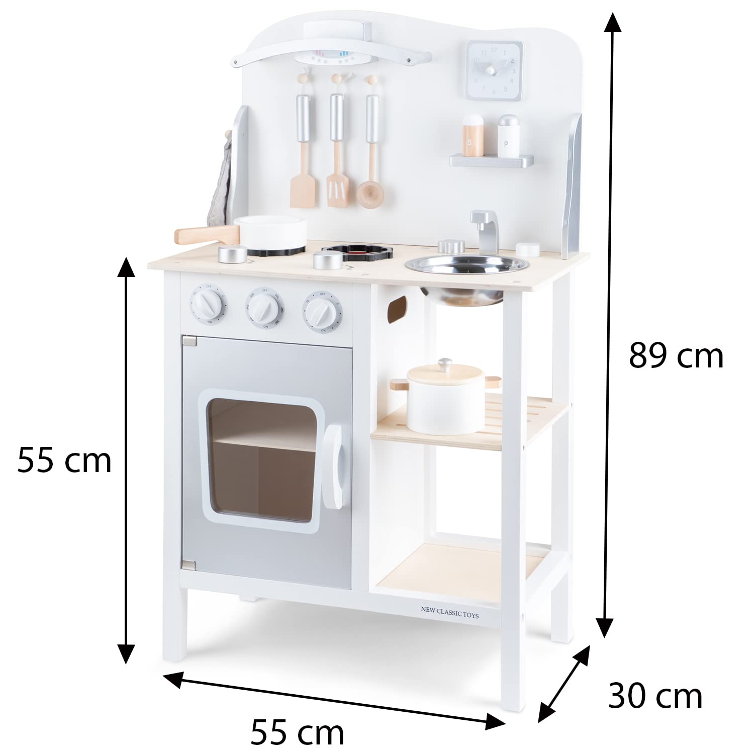 New Classic Toys White Wooden Pretend Play Toy Kitchen for Kids with Role Play Bon Appetit Included Accesoires, white/silver (11053)