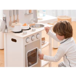 New Classic Toys White Wooden Pretend Play Toy Kitchen for Kids with Role Play Bon Appetit Included Accesoires, white/silver (11053)