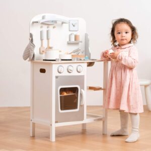 New Classic Toys White Wooden Pretend Play Toy Kitchen for Kids with Role Play Bon Appetit Included Accesoires, white/silver (11053)