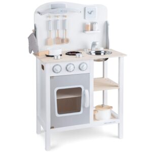 New Classic Toys White Wooden Pretend Play Toy Kitchen for Kids with Role Play Bon Appetit Included Accesoires, white/silver (11053)