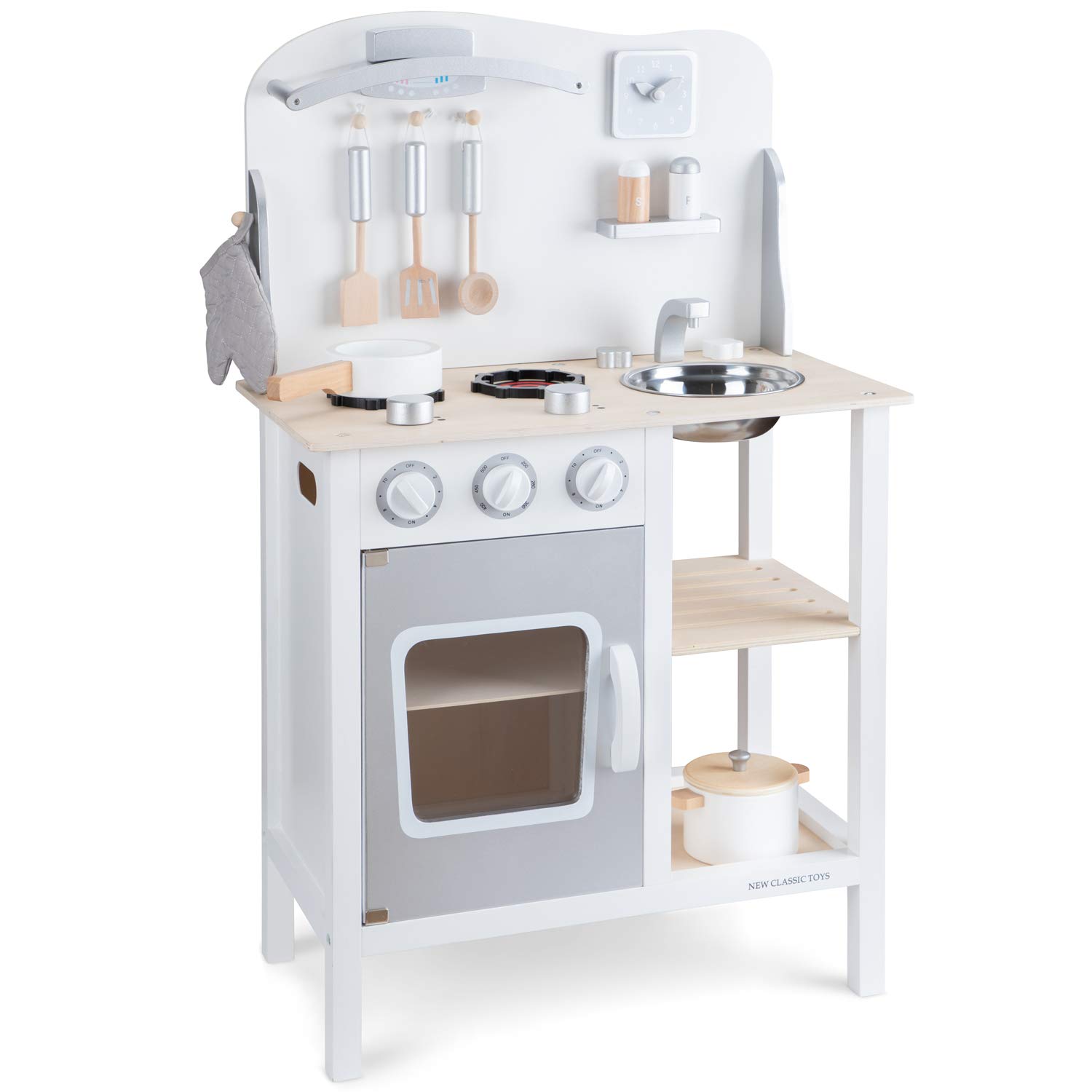 New Classic Toys White Wooden Pretend Play Toy Kitchen for Kids with Role Play Bon Appetit Included Accesoires, white/silver (11053)