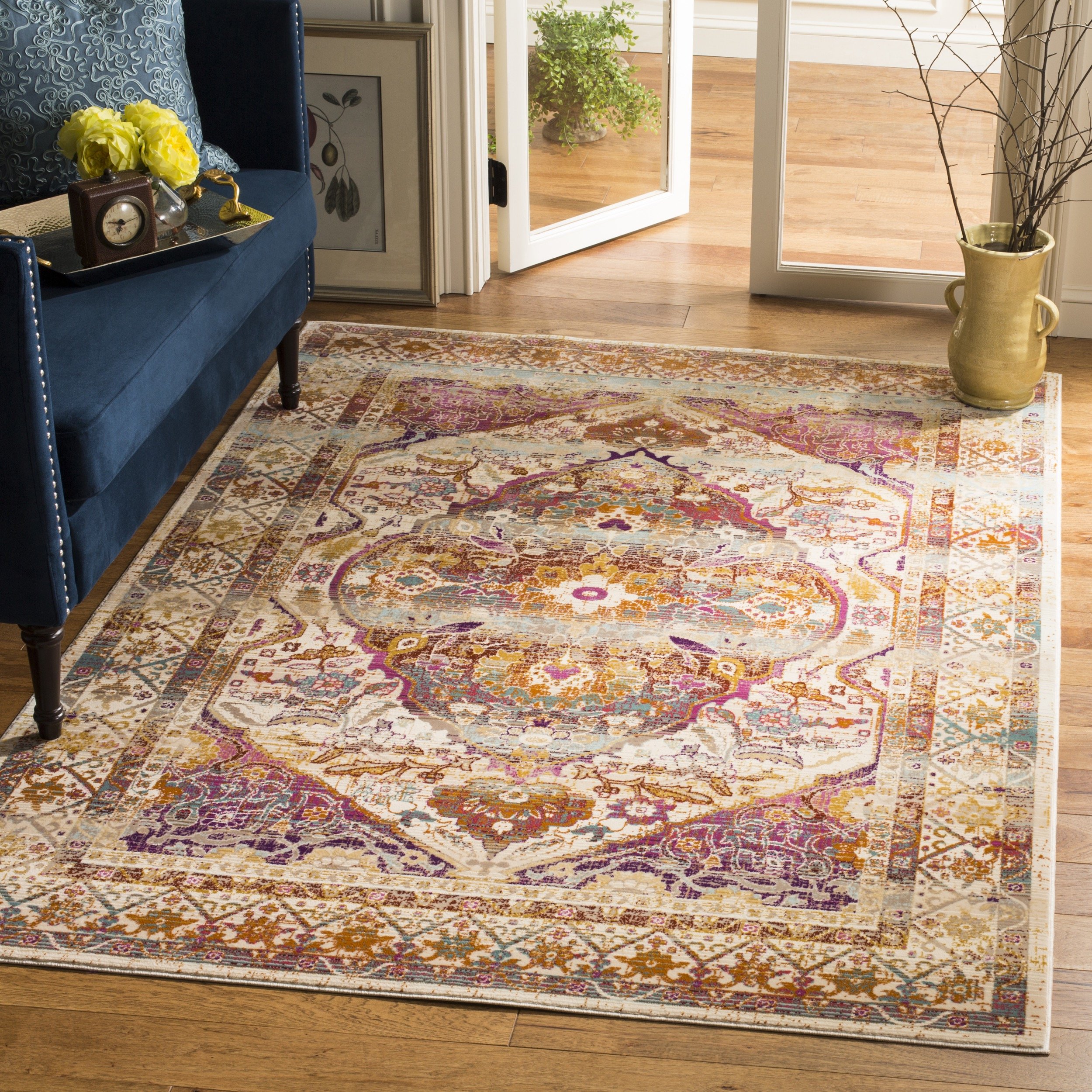 SAFAVIEH Baldwin Collection Area Rug - 8' x 10', Ivory & Fuchsia, Vintage Boho Chic Distressed Design, Non-Shedding & Easy Care, Ideal for High Traffic Areas in Living Room, Bedroom (BDN189A)