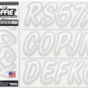 STIFFIE Whipline White/Silver SUPER STICKY 3" Alpha Numeric Registration Identification Numbers Stickers Decals for Sea-Doo SPARK, Inflatable Boats, RIBs, Hypalon/PVC, PWC and Boats.