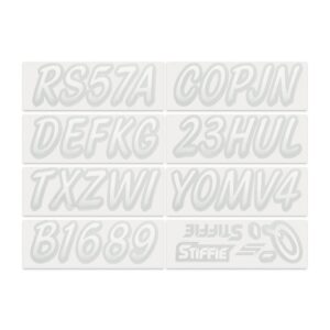 STIFFIE Whipline White/Silver SUPER STICKY 3" Alpha Numeric Registration Identification Numbers Stickers Decals for Sea-Doo SPARK, Inflatable Boats, RIBs, Hypalon/PVC, PWC and Boats.