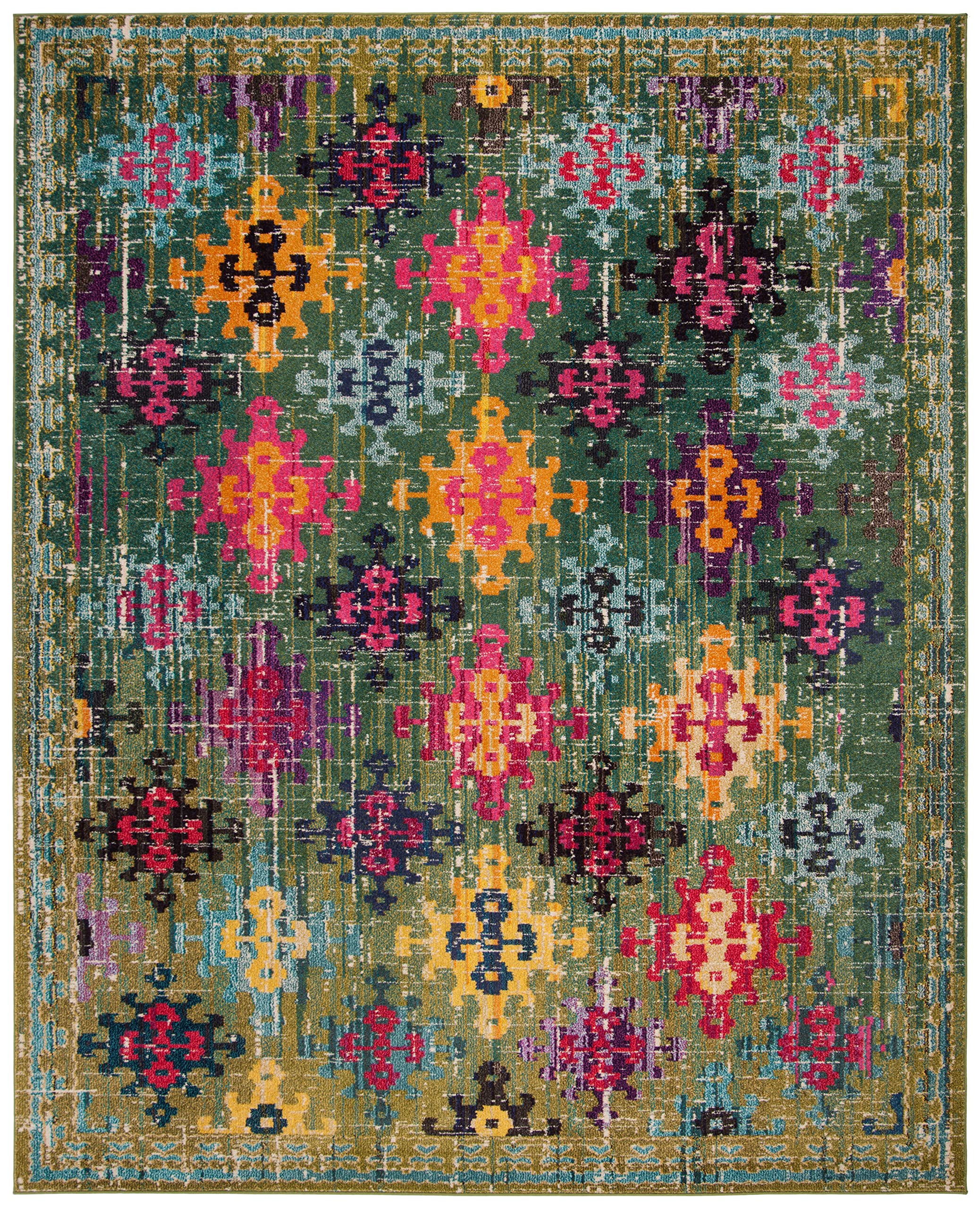 SAFAVIEH Monaco Collection Area Rug - 8' x 10', Green & Multi, Boho Diamond Trellis Design, Non-Shedding & Easy Care, Ideal for High Traffic Areas in Living Room, Bedroom (MNC244G)