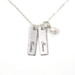 double bar sterling silver personalized necklace with swarovski pearl. includes 2 customizable charms and your choice of sterling silver chain. gifts for her, mom, wife