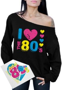 awkward styles women's i love the 80's off the shoulder sweatshirt for 80's fans + sticker gift (xl, black)