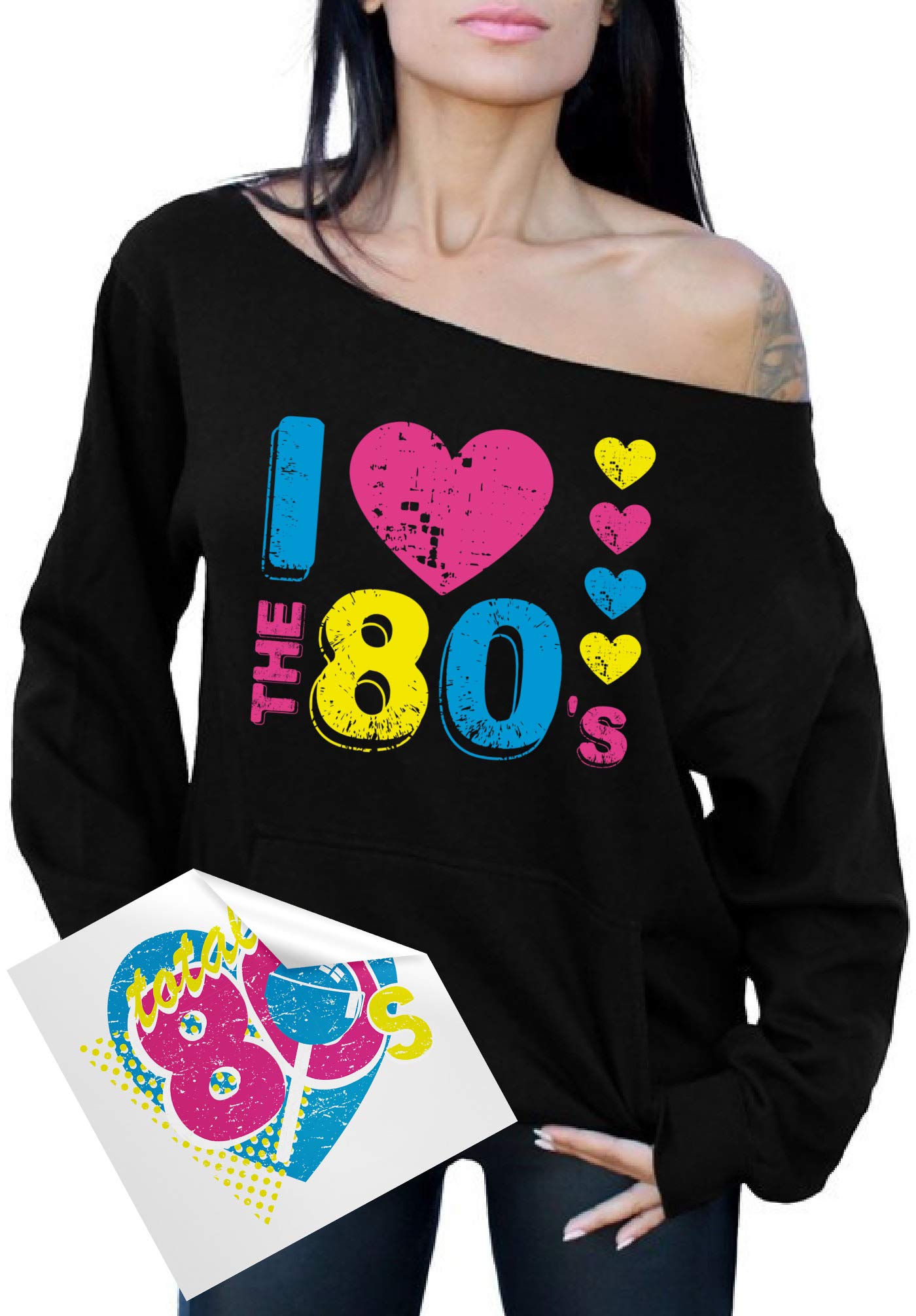 Awkward Styles Women's I Love The 80's Off The Shoulder Sweatshirt for 80's Fans + Sticker Gift (XL, Black)