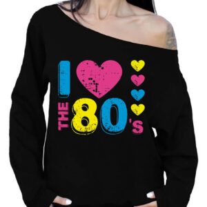 Awkward Styles Women's I Love The 80's Off The Shoulder Sweatshirt for 80's Fans + Sticker Gift (XL, Black)