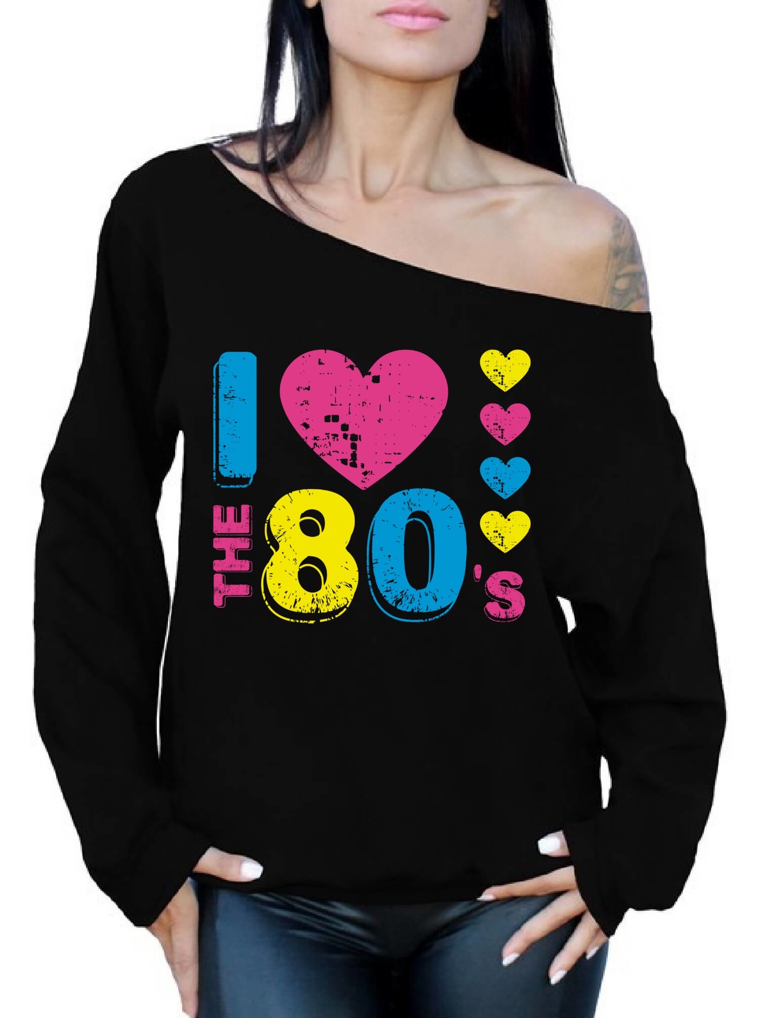 Awkward Styles Women's I Love The 80's Off The Shoulder Sweatshirt for 80's Fans + Sticker Gift (XL, Black)