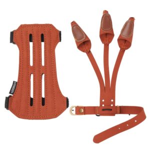 toparchery archery 2 straps arm guard & 3 finger protective gloves for recurve compound long bow hunting shooting brown