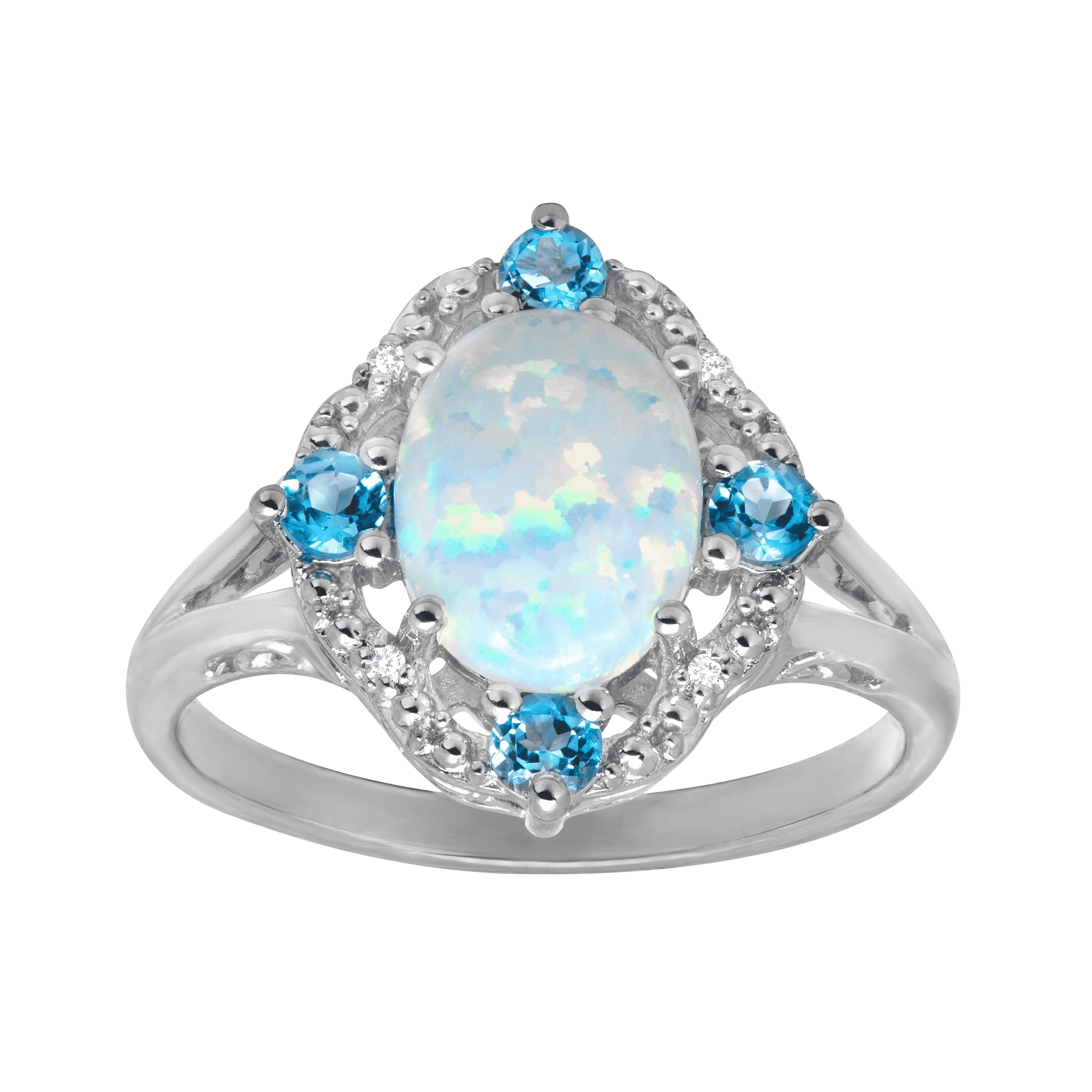 1 1/6 ct Created Opal & Natural Swiss Blue Topaz Ring with Diamonds in Sterling Silver