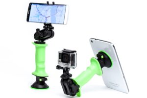 gerp gear action kit - all-in-one stand, grip, and mount plus accessories for tablets, phones, and action cameras - black - suction mount, swivel mount, and dual tripod mounts