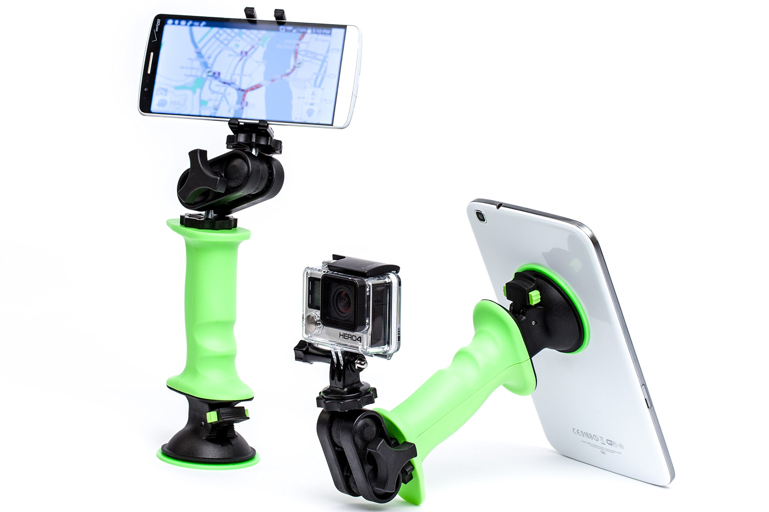 GERP Gear Action Kit - All-in-One Stand, Grip, and Mount Plus Accessories for Tablets, Phones, and Action Cameras - Black - Suction Mount, Swivel Mount, and Dual Tripod Mounts