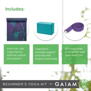 Gaiam Beginner's Yoga Starter Kit Set (Yoga Mat, Yoga Block, Yoga Strap) - Light 4mm Thick Printed Non-Slip Exercise Mat for Everyday Yoga - Includes 6ft Yoga Strap & Yoga Brick - Lily Shadows