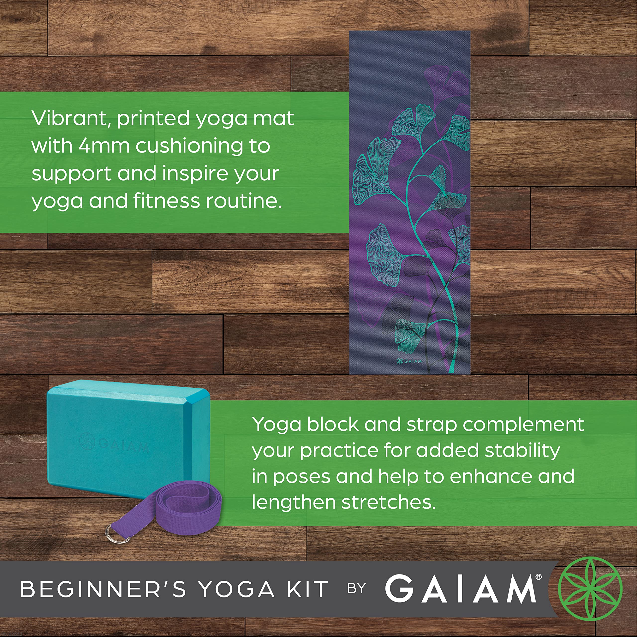 Gaiam Beginner's Yoga Starter Kit Set (Yoga Mat, Yoga Block, Yoga Strap) - Light 4mm Thick Printed Non-Slip Exercise Mat for Everyday Yoga - Includes 6ft Yoga Strap & Yoga Brick - Lily Shadows