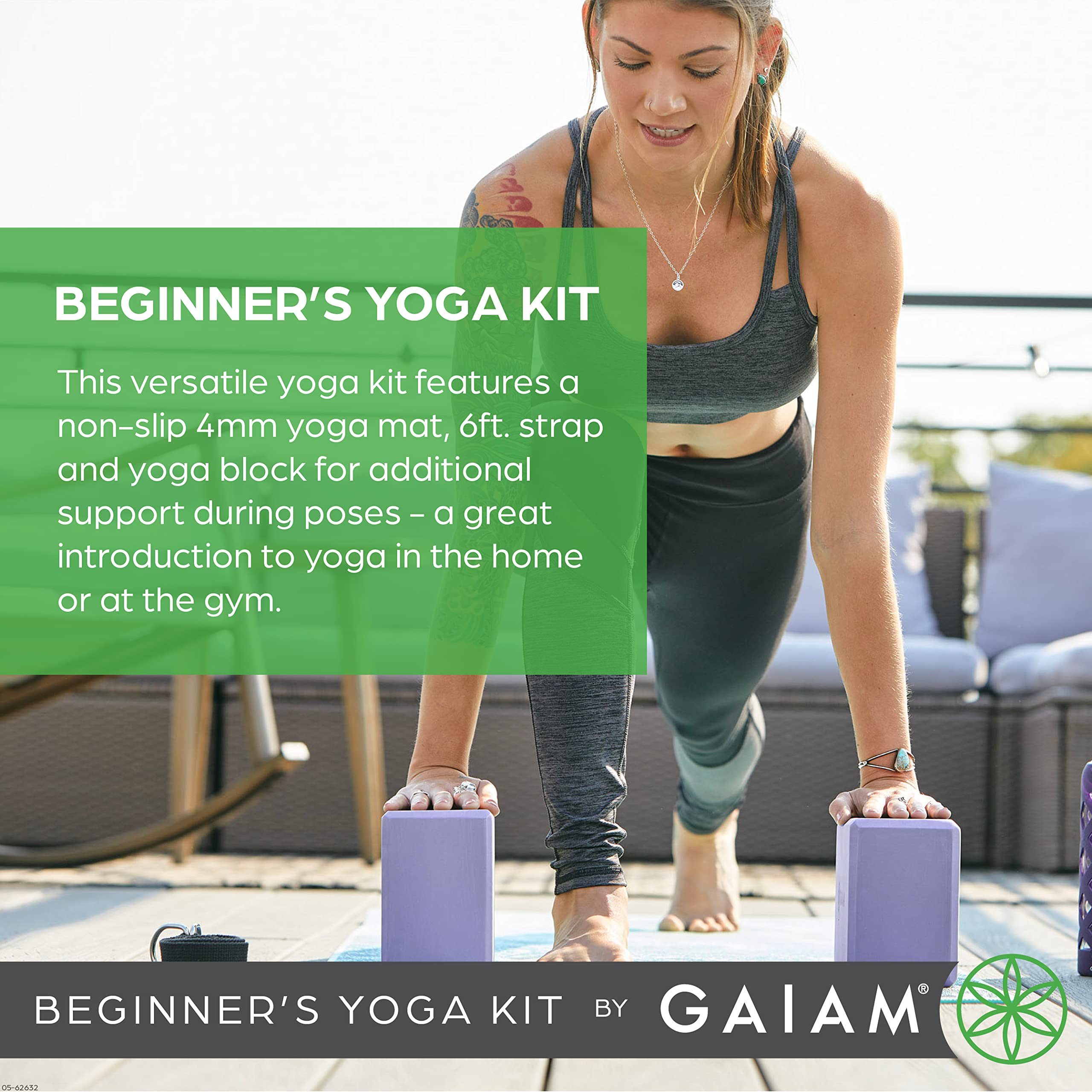 Gaiam Beginner's Yoga Starter Kit Set (Yoga Mat, Yoga Block, Yoga Strap) - Light 4mm Thick Printed Non-Slip Exercise Mat for Everyday Yoga - Includes 6ft Yoga Strap & Yoga Brick - Lily Shadows