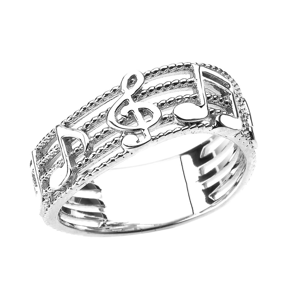 Treble Clef with Musical Notes in Sterling Silver Wavy Band (Size 8.5)