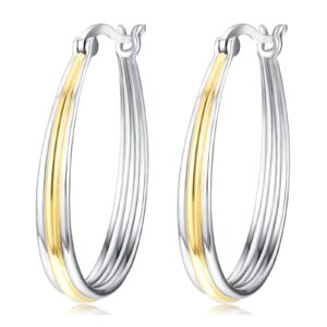 two tone hoop earrings for women gold and silver small sterling silver oval grooved hoop earrings jewelry gifts