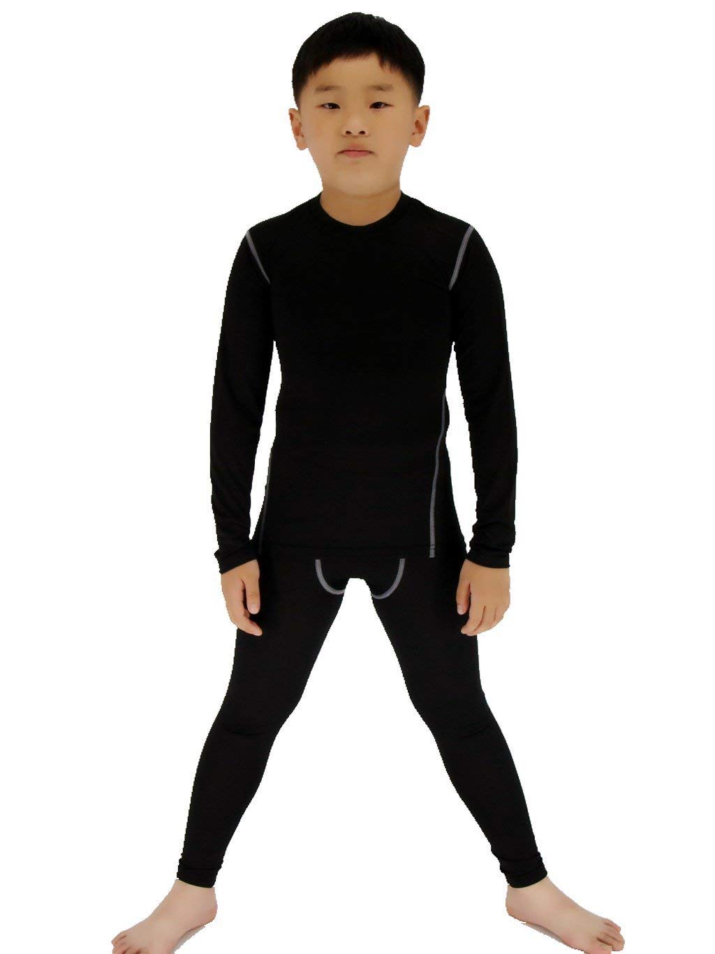 SANKE Boys Soccer Practice Long Sleeve Shirt & Pants 2PCS Compression Set, Black, 10