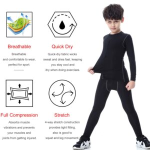 SANKE Boys Soccer Practice Long Sleeve Shirt & Pants 2PCS Compression Set, Black, 10