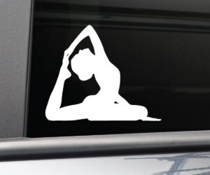 yoga pigeon pose vinyl decal laptop car truck bumper window sticker, 5.5" x 4.5", white