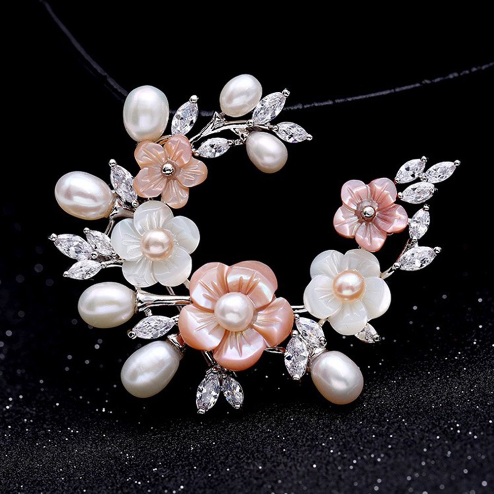 SHAN LI HUA Fashion Accessorices Shell Pearl Flower Brooch Women Safety Pin White Pink