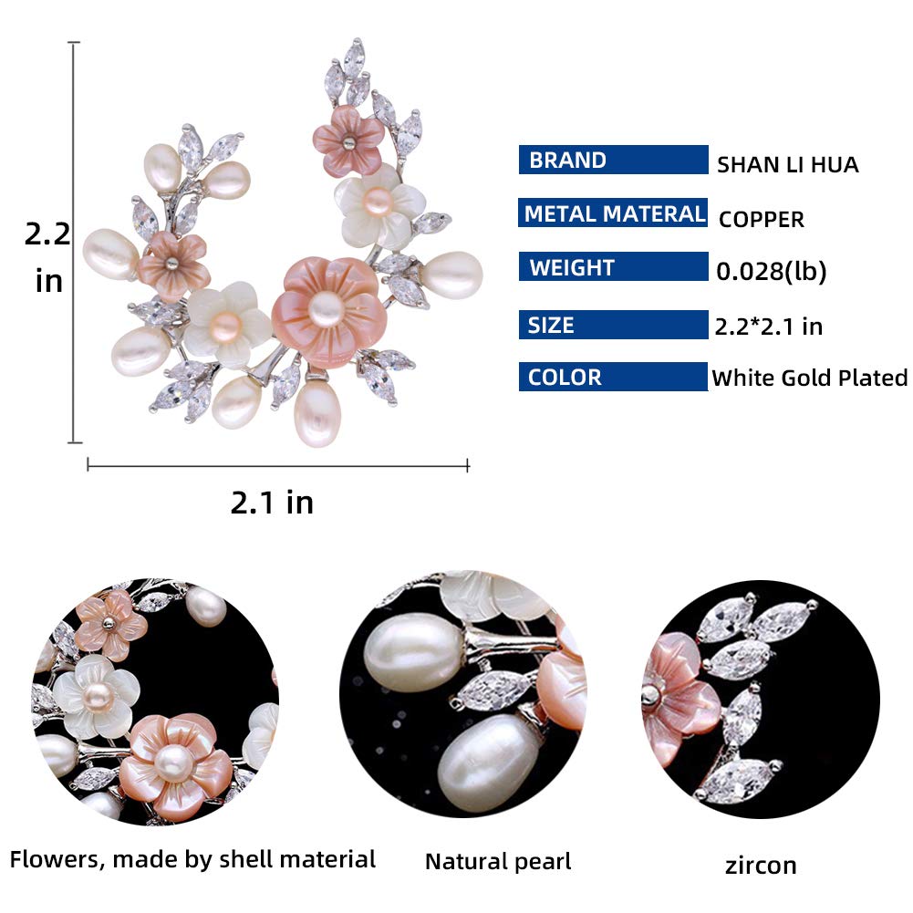 SHAN LI HUA Fashion Accessorices Shell Pearl Flower Brooch Women Safety Pin White Pink