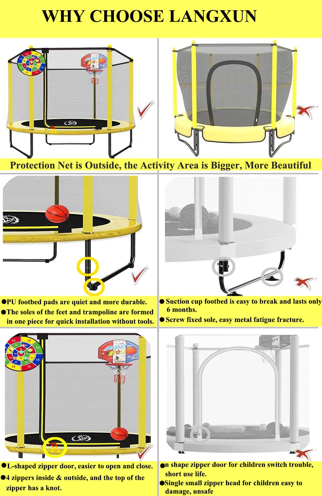 LANGXUN 60" Trampoline for Kids, 5ft Mini Toddler Indoor & Outdoor Trampoline with Net, Basketball Hoop & Dart Board, Birthday Gifts for Boys & Girls, Baby Toddler Christmas Toys, Age 1-8 Years