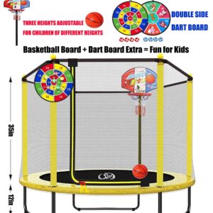 LANGXUN 60" Trampoline for Kids, 5ft Mini Toddler Indoor & Outdoor Trampoline with Net, Basketball Hoop & Dart Board, Birthday Gifts for Boys & Girls, Baby Toddler Christmas Toys, Age 1-8 Years