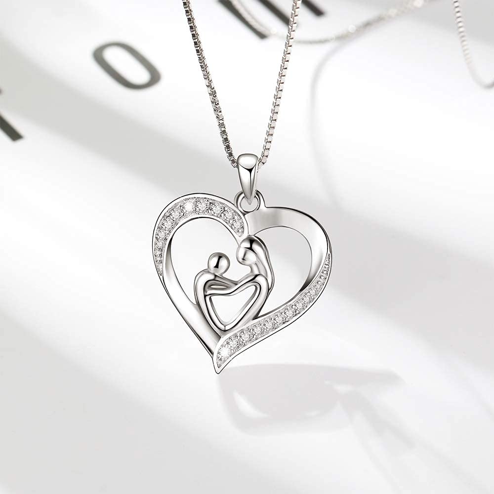 ABBGIABBW 925 Sterling Silver Mother and Daughter Love Heart Pendant Necklace Mom Daughter Jewelry Gifts for Women