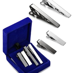 LOYALLOOK 2pcs 2.15Inch Mens Tie Bar Pinch Clip Set for Regular Ties and 2pcs 1.5Inch Skinny Tie Clip with Gift Box Silver Black Tone Pack