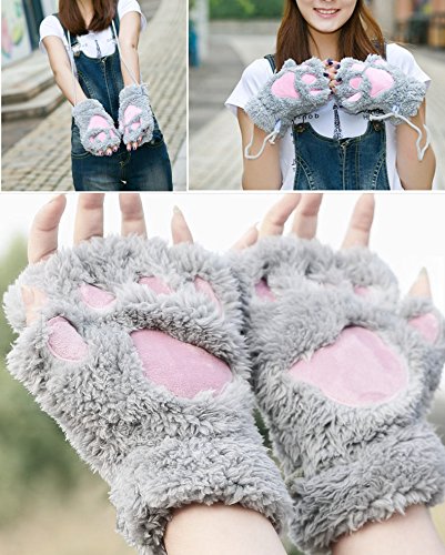 Loritta 2 Pairs Cat Paw Winter Plush Faux Fur Cute Kitten Fingerless Mittens Gloves,Black+Gray(2 Pairs)