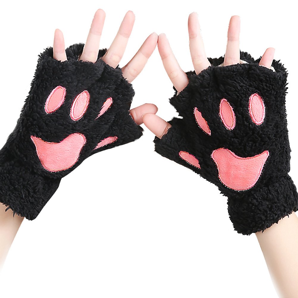 Loritta 2 Pairs Cat Paw Winter Plush Faux Fur Cute Kitten Fingerless Mittens Gloves,Black+Gray(2 Pairs)